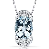 PEORA Aquamarine and Diamond Pendant for Women 14K White Gold, Designer Solitaire, Genuine Gemstone Birthstone, 1.75 Carats Oval Shape 9x7mm, with 18 inch Chain