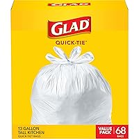 Glad Tall Kitchen Quick-Tie Trash Bags, 13 Gallon, White, 68 Count, Pack May Vary