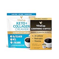 VitaCup Lightning Dark Roast Coffee Pods & Keto + Collagen Vanilla Coffee Creamer Bundle for Productivity, Energy & Brain Fuel, 16 Single Serve Recyclable Pods & 10 oz Creamer Powder Bag