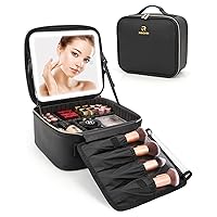 Relavel Makeup Bag with LED Mirror, Travel Make Up Bag Cosmetic Organizer Case with Makeup Mirror for Women, Rechargeable Vanity Mirror with 3 Color Light & Brightness Adjustment, Adjustable Dividers