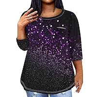 Plus Size Business Tops for Women Plus Size Tops for Women 2024 Sparkly Casual Fashion Loose Fit Trendy with 3/4 Length Sleeve Round Neck Shirts Purple 3X-Large