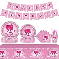 Princess Pink Party Supplies Set for 24 Person Plates Napkins Cups Straw Tablecloth Dinnerware Banner | Ideal for Your Girl's barbie Birthday party decorations