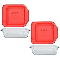Pyrex (2) 222-SC Sculpted Clear Glass Baking Dishes & (2) 222-PC Red Lids Made in the USA