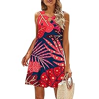 Same Day Delivery Items Prime Sun Dresses for Women Casual Hawaii Print Fashion Sexy Slim Fit with Sleeveless Halter Kehole Neck Summer Dress Red Medium