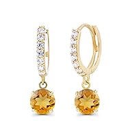 Solid 14K Gold 5x17mm Genuine Birthstone Dangling Huggie Earrings For Women | 5mm Round Birthstone | 1mm Created White Sapphire Pave Dangle Earrings For Women