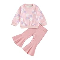 Toddler Baby Girls Bell Bottom Outfit Floral Print Long Sleeve Sweatshirt Knit Flared Pants Set 2Pc Fall Clothes