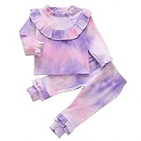 Girl Summer Clothes Toddler Tie-Dyed 2PCS Set Outfits Baby Ruffle Stitching Long Sleeve Blouse and (Pink, 18-24 Months)