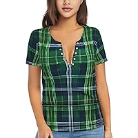 Blue Scottish Tartan Women's Flowy Tops,V-Neck T-Shirts, Plus Size Blouses with Short Sleeves, Suitable for Summer,Work Wear