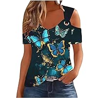 Prime of The Day Deals Sale Summer Tops for Women 2024 Trendy Sexy Solid Cold Shoulder V Neck Blouse Tees Dressy Casual Short Sleeve Tunic Shirts Lightweight Going Out Workout Comfy Cotton Tshirts