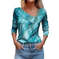 Womens Fall Tops Asymmetric Neck Long Sleeve Shirts Tunic Button Decorations Sweatshirt Floral Print Outfits Blouses