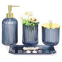 Haturi Bathroom Accessories Set, 4 Pcs Blue Glass Bathroom Accessories Sets Complete w/Lotion Soap Dispenser, Toothbrush Holder, Apothecary Jar, Vanity Tray, Bathroom Decor, Gift for Home Apartment