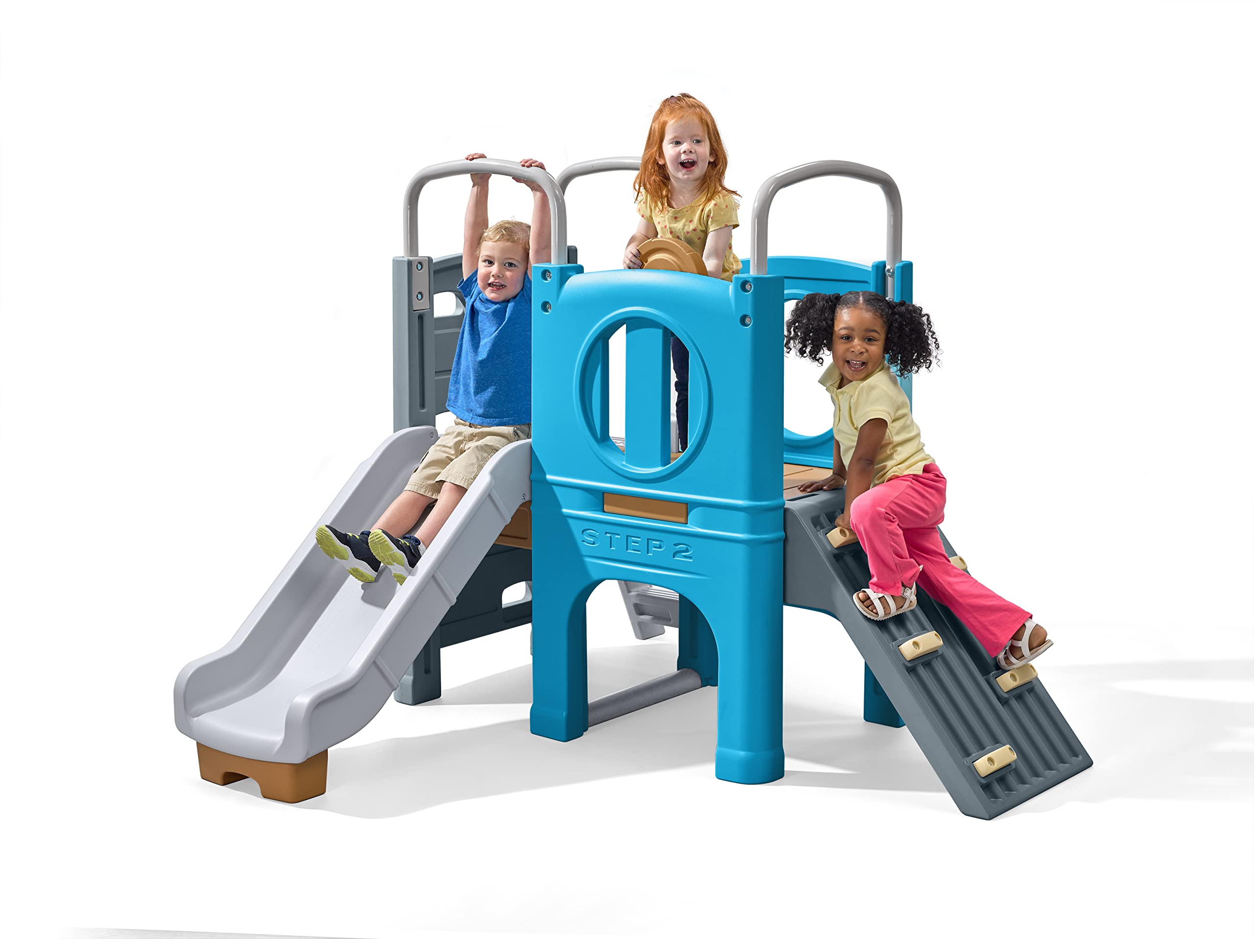 Step2 Scout & Slide Climber Toddler Playset – Toddler Play Gym with Elevated Kids Playhouse, Kids Slide, Two Climbing Walls, Steering Wheel, and Metal Bars – Dimensions 72.5