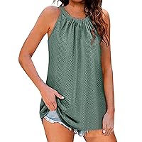 Tank Tops for Women Casual Summer Women's Summer Sleeveless Halter Tops Casual Pleated Eyelet Tank Top Pointelle