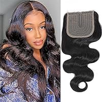 Amella Hair Body Wave 4x0.75inch Human Hair lace Closure 100% Unprocessed Brazilian Human Remy Hair T Part Lace Closure Middle Part Can Be Dyed and Bleached Natural Black Color 14inch