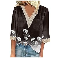 3/4 Sleeve Tunic Tops for Women Geometric Graphic Mexican Shirts Vneck Patchwork Elelgant Blouses Boho Clothes