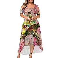 Women's Summer Dresses 2024 Large Size Short Sleeve Fashion Print Round Neck Strapless Irregular Dress, XL-5XL