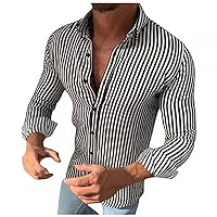 Vertical Striped Long Sleeve Tee Shirts for Men Casual Button Down Lapel Collar Business Dress Shirts Oxford Shirts