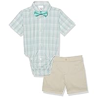 Calvin Klein baby-boys 3-piece Dress Up Set, Short Sleeve Collared Dress Shirt Onesie, Pants, Bow-tie