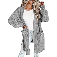 Women Open Front Cable Chunky Knit Cardigan with Pockets Split Side Oversized Lightweight Long Sleeve Sweater Coats
