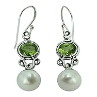 NOVICA Handmade Cultured Freshwater Pearl Peridot Earrings .925 Sterling Silver Jewelry Green White Dangle India Birthstone [1.6 in L x 0.3 in W x 0.1 in D] 'Verdant Light'