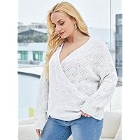 Casual Ladies Comfortable Plus Size Sweater Plus Surplice Neck Pointelle Knit Sweater Leisure Perfect Comfortable Eye-catching (Color : White, Size : X-Large)