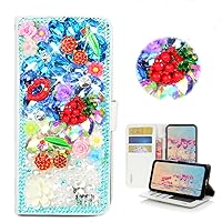 STENES LG Stylo 4 Case - Stylish - 3D Handmade Bling Crystal Cherry Pineapple Floral Lips Design Magnetic Wallet Credit Card Slots Fold Stand Leather Cover for LG Stylo 4 / LG Q710MS - Blue