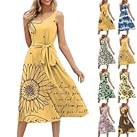 Womens Spring Dresses 2024 Loose Beach Dresses Round Neck Sleeveless Midi A-Line Swing Dress Sundresses with Pockets Gray X-Large