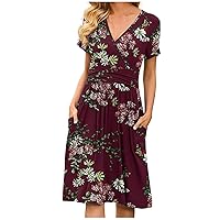 Women's Swing Casual Loose-Fitting Summer Short Sleeve Knee Length Solid Color Beach Flowy V-Neck Glamorous Dress
