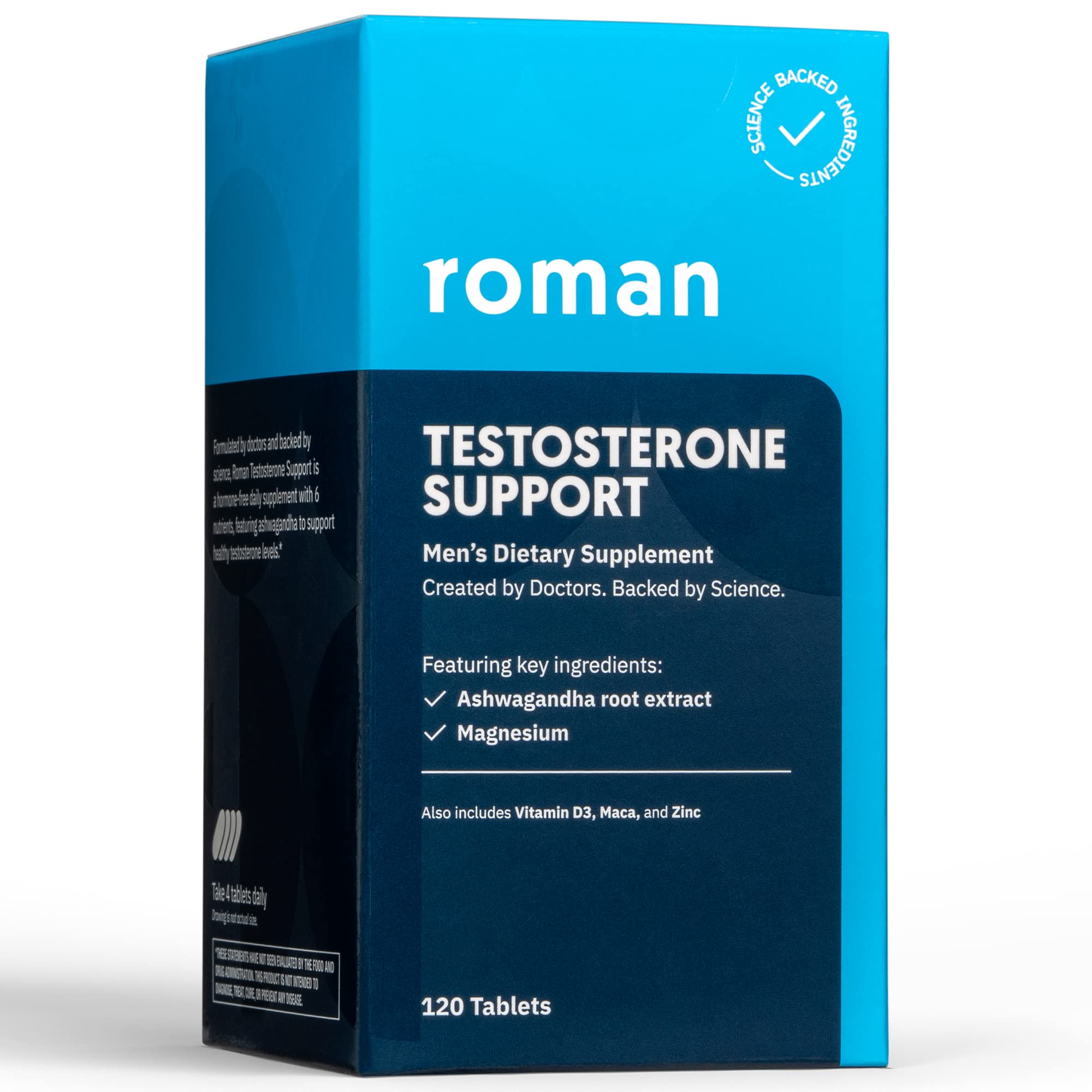 Roman Testosterone Support | Men's Daily Nutritional Supplement with Ashwagandha to Support Healthy T-Levels & Magnesium to Support Muscle Health | 30-Day Supply (120 Tablets)