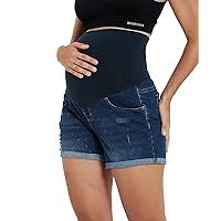 HOFISH Women's Stretchy Maternity Jeans Shorts Over The Belly Comfy Denim Shorts Pants Casual Workout Pregnancy Shorts