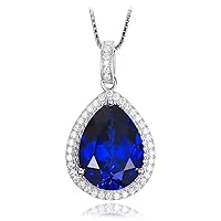 JewelryPalace Huge Pear Cut 10.9ct Created Blue Sapphire Halo Pendant Necklace for Women, 14k White Gold Plated 925 Sterling Silver Necklaces for Her, Gemstone Necklace 18 Inches Chain Jewelry Sets