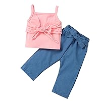 Baby Clothes for Girls Toddler Kids Summer Sleeveless Bowknot T-Shirt Tops + Denim Pants 2pcs Outfits Set 0-4 Years