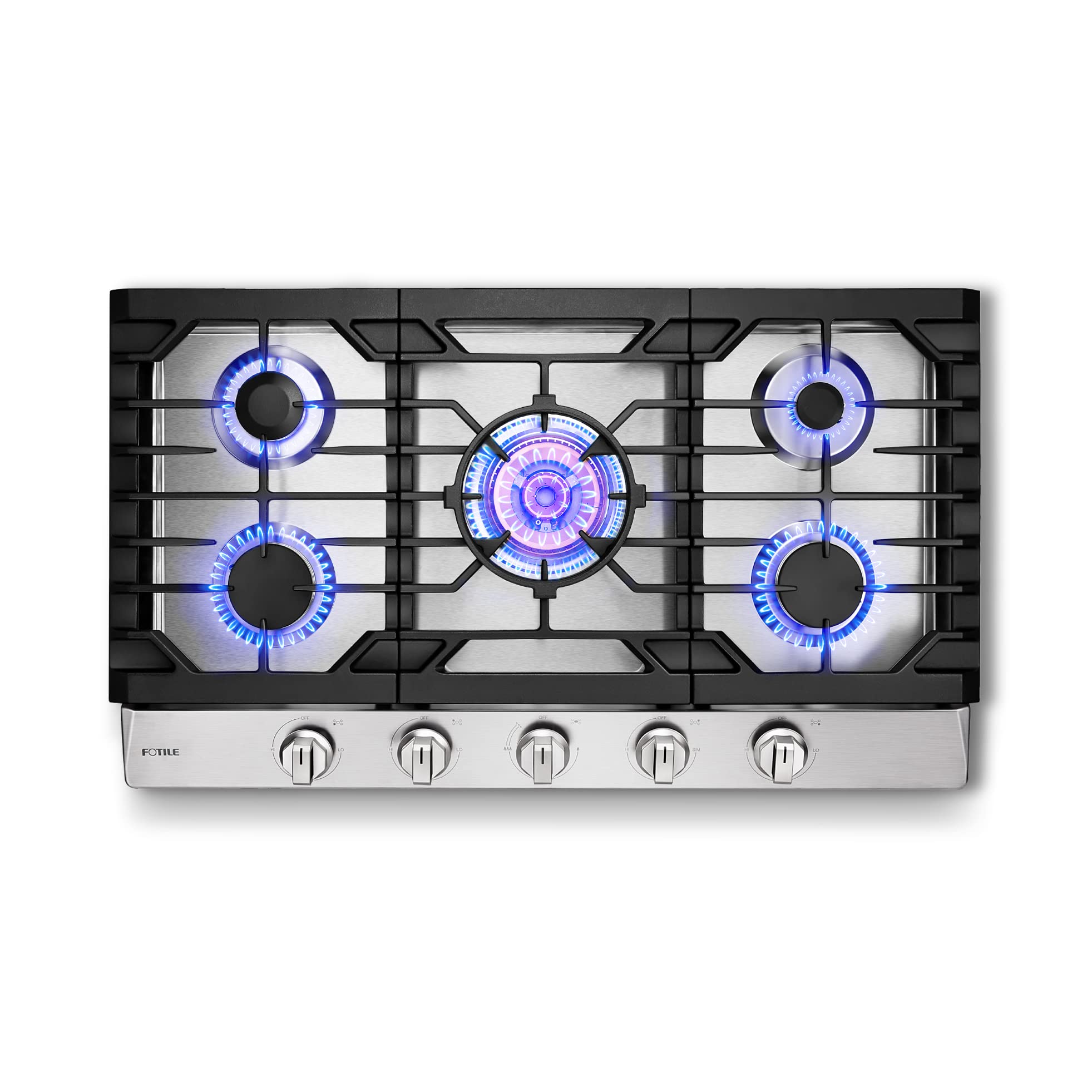 FOTILE GLS36502 36” Stainless Steel 5-Burner Gas Cooktop, Tri-Ring 22,000 BTUs Center Burner with Flame Failure Protection Removable Grates and Installation/LP Kit