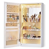 LUXFURNI LED Jewelry Organizer with Mirror, Small Jewelry Cabinet Wall-Mount/Door-Hanging Armoire,Lightweight Jewelry Storage for Bedroom