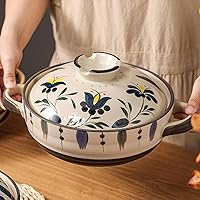 Ceramic Casserole Dish, Clay Pot, Earthen Pot Cookware with Lid, Stockpot for Stew, Soup, Steam, Oven Safe-Heat Resistant (FlowersPlants, 2.64QT)