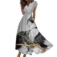 Dresses for Women 2024 A-Line Cap Sleeve Sundress Boho Floral Print Wrap V Neck Maxi Dress Swing Flowy Long Dresses