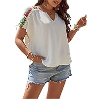 Plus Size Tops for Women Tees Shirts Blouses Plus Contrast Crochet Notched Neck Batwing Sleeve Blouse Plus Size Fashion Blouses Tops (Color : White, Size : X-Large)
