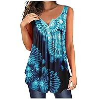 Ladies Dressy Tank Top Floral Print Sleeveless Shirts Womens Pleated Tanks Casual Loose Fit Hide Belly Tunic Tops