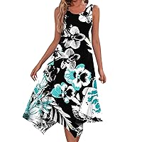 Spring Boho Dresses for Women 2024 Casual Round Neck Sleeveless Print Irregular Hem Midi Dress