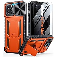 FNTCASE for iPhone 12 Pro-Max Case: Rugged Military Grade Drop Proof Protection Phone Cover with Kickstand | Heavy Duty Shockproof TPU Protective Tough Matte Textured Sturdy Shell 6.7 Inch Orange