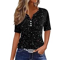 Women's Shirts Formal Casual, Women's T-Shirts T-Shirts Glitter Print Buttons Short Sleeve Fashion Basics V Neck Regular Tops
