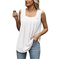 Womens Summer Tops 2024 Casual Dressy，Basic Tank Tops Woman Relaxed Fit Pleated Square Neck Sleeveless Tops Flowy