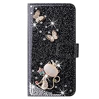 XYX Wallet Case for iPhone 15 Plus 6.7 Inch, Bling Glitter Fox Butterfly Diamond Luxury Flip Card Slot Girl Women Phone Case Protection Cover, Black
