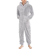 Fall Winter Warm Sherpa Adult Pajamas for Men Fuzzy Fleece Hoodie Jumpsuits Soft Zipper Sleepwear One-Piece Jumpsuit