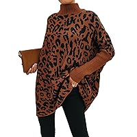 Flygo Women's Oversized Batwing Sleeve Leopard Pullover Turtleneck Sweater Knit Tops