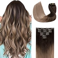 Hairro Hair Extensions Clip in Human Hair, 18 Inch Long Balayage 7pcs 120g Double Weft Thick Straight Natural Remy Clip on Hair Extension #2T6P18 Dark Brown to Chestnut Brown & Dirty Blonde