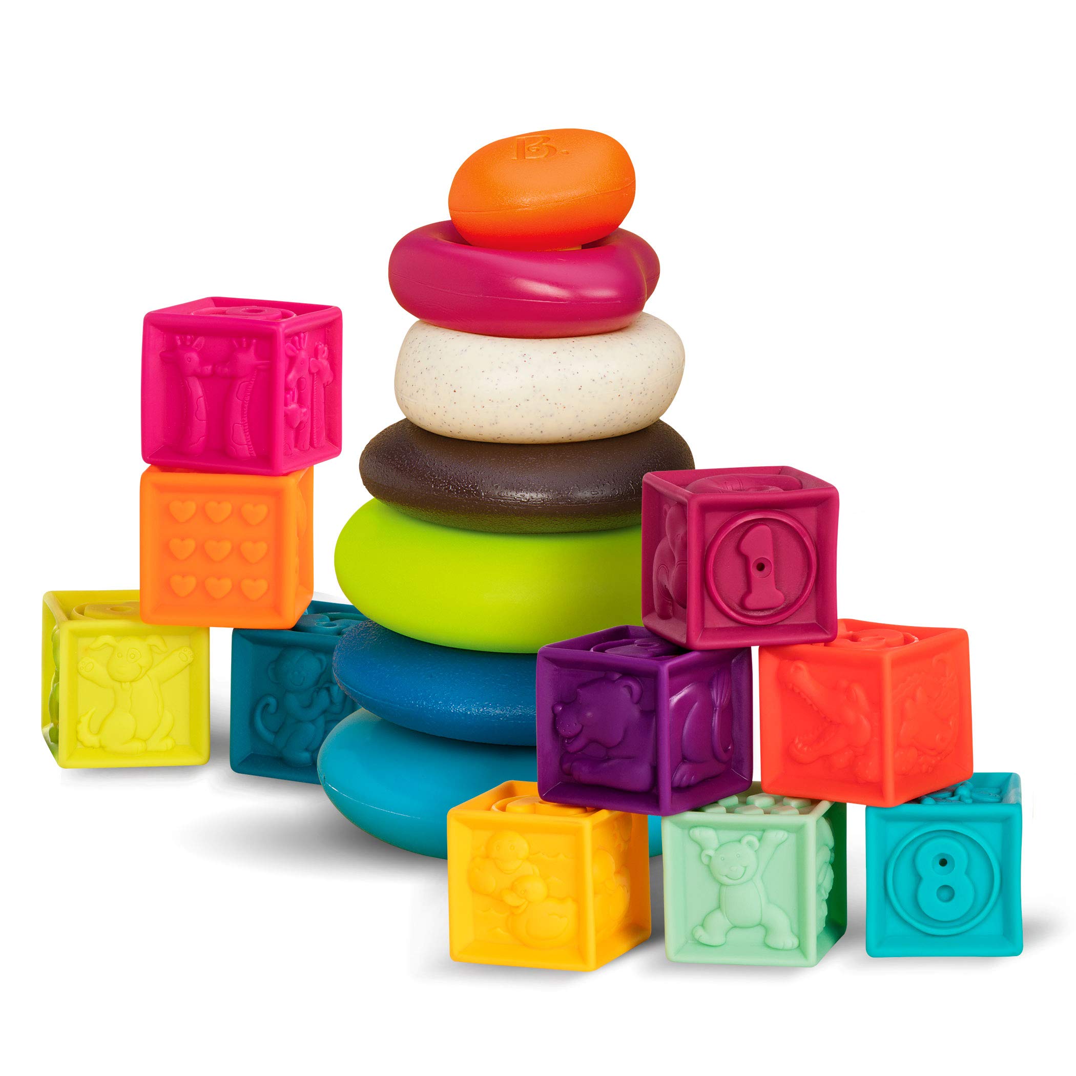 B. toys – Baby Blocks & Stacking – 10 Numbered Blocks & 5 Colorful Rings – Building Play Set for Infants – One Two Squeeze & Stacking Stones – Educational Toys – 6 Months + (BX1971Z)