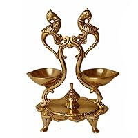 Diya Brass Lamp Traditional Puja Lotus feet Pooja Set Oil Deepak - Brass Peacock Diya Jyoti Deepak Oil Lamp Wick for Pooja, Home Temple, Showpiece, Home Decor, Gift, and Diwali Festival