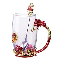 Glass Tea Cup Coffee Mugs & Gifts for Women with Spoon Beautiful Rose Flower Butterfly (Red Tall)