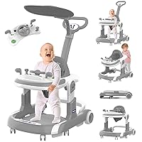 Baby Walker, 5 Modes Foldable Baby Walker with Wheels, Music, 4-Height Baby Toddler Walker with Push Handle, Baby Bouncer, Food Tray, Sunshade, Baby Walkers for Babies 6-12 Months Boys Girls (Grey)